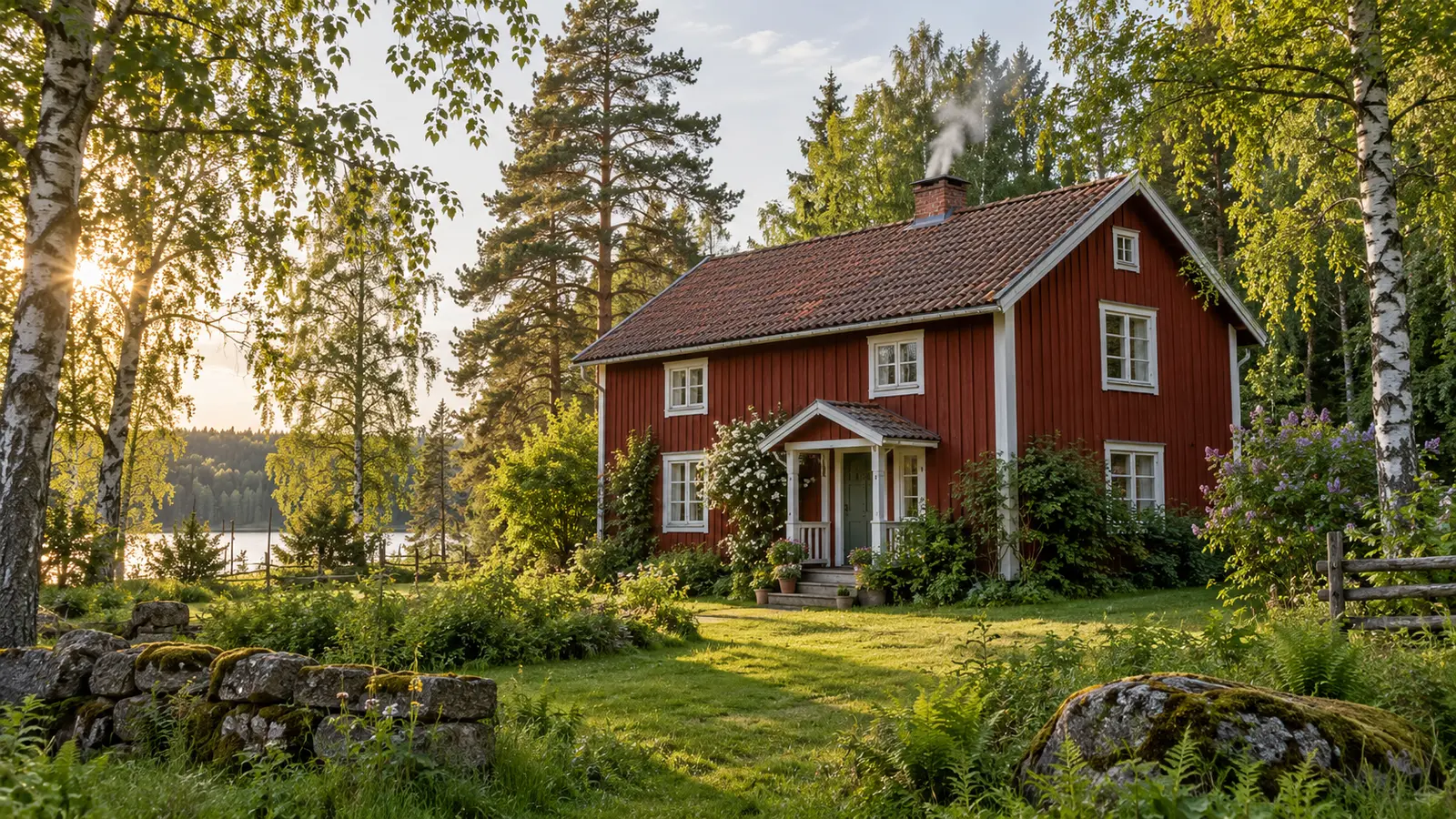 Rotes schwedisches Holzhaus zwischen Birken im goldenen Licht