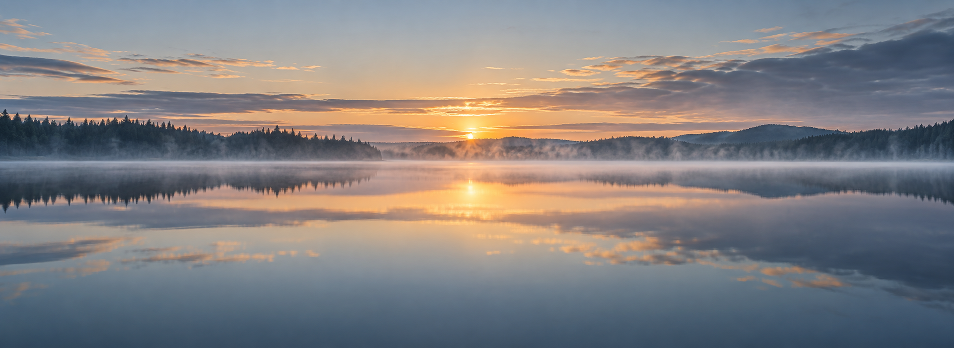 Stiller schwedischer See im Licht des Sonnenaufgangs