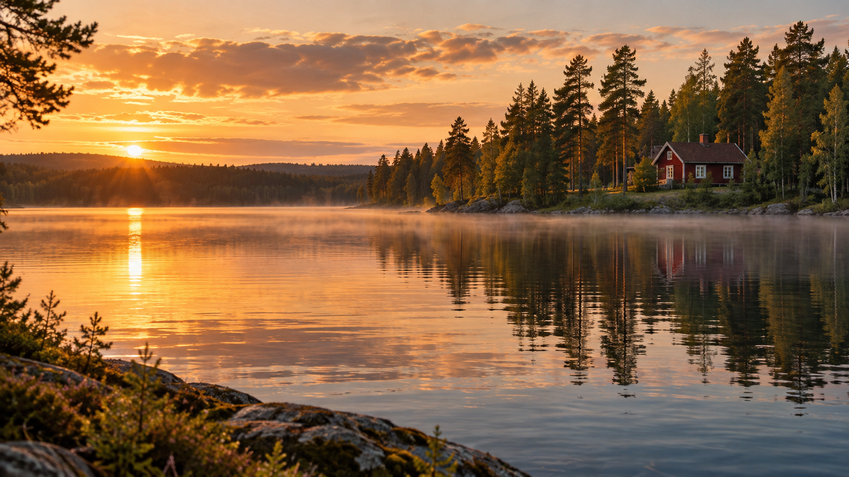Rotes Schwedenhaus am See im goldenen Abendlicht
