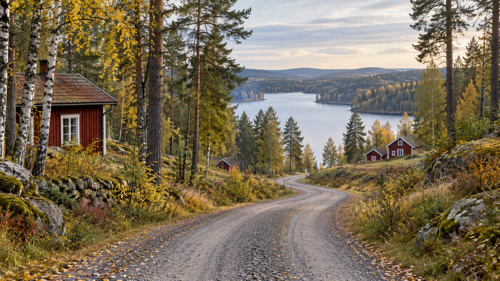 Schwedischer Waldweg mit roten Häusern und weitem Seeblick