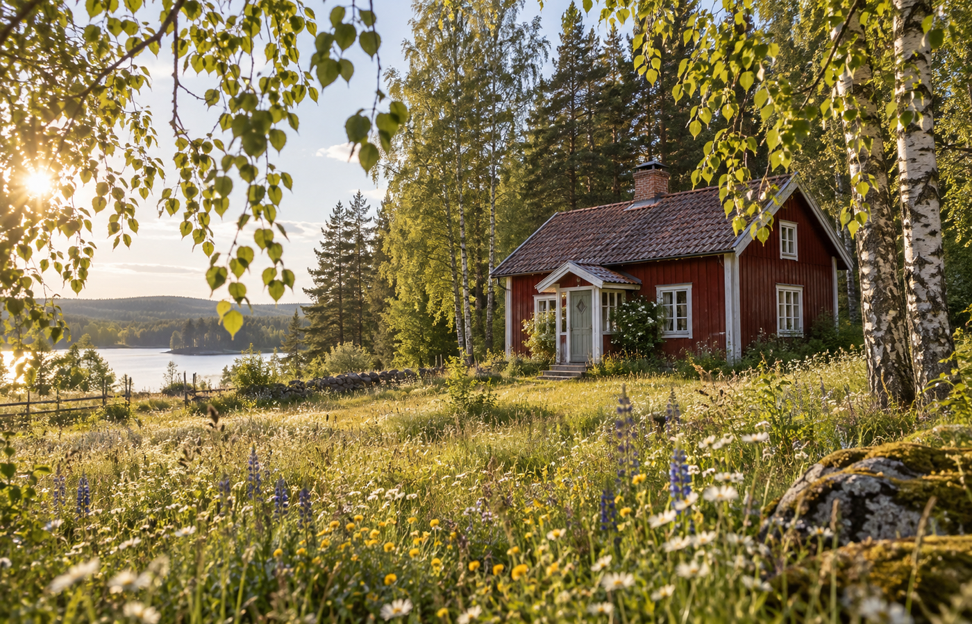 Rotes Schwedenhaus in einer sonnigen Blumenwiese am See