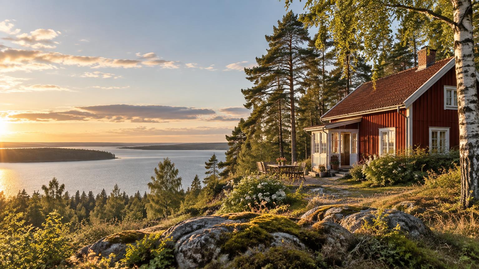 Rotes Schwedenhaus über dem Vänern im goldenen Abendlicht
