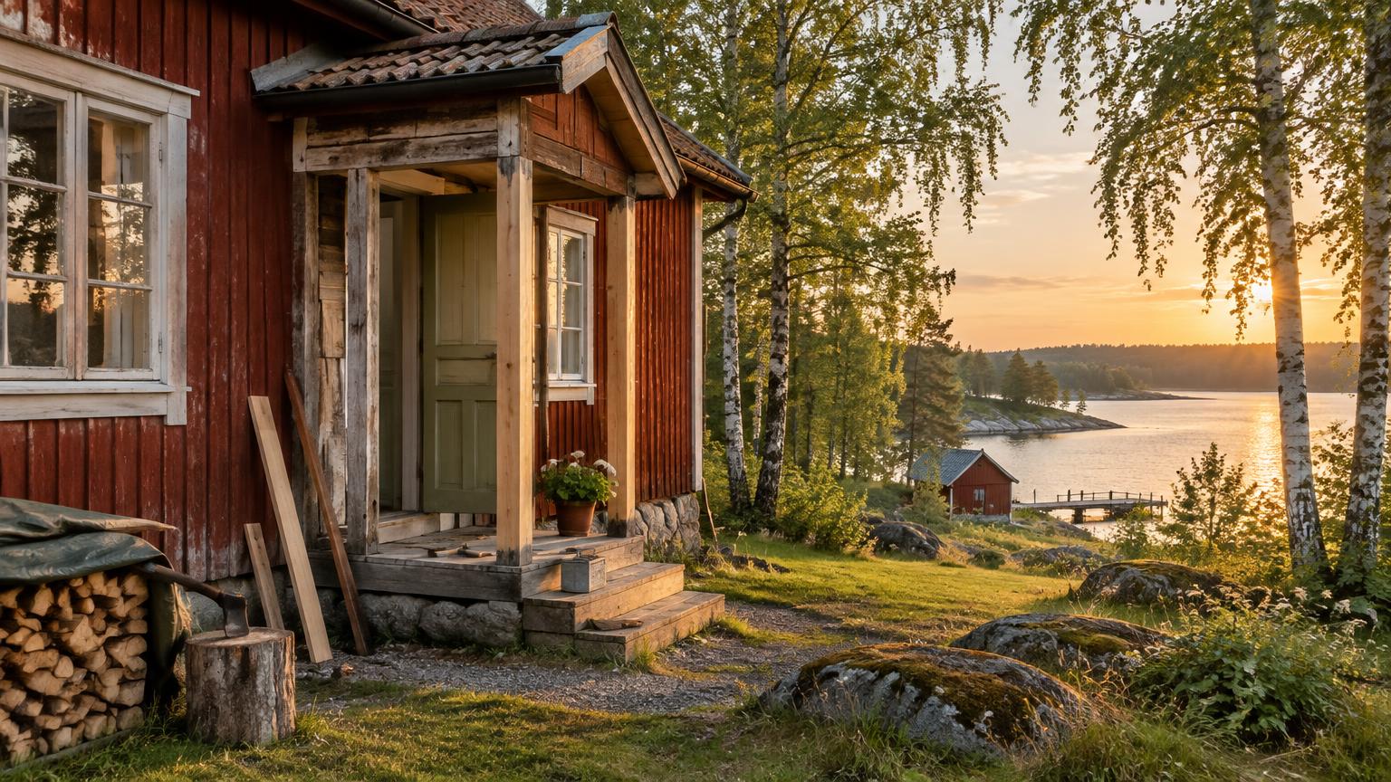 Rotes Schwedenhaus während einer liebevollen Renovierung am See