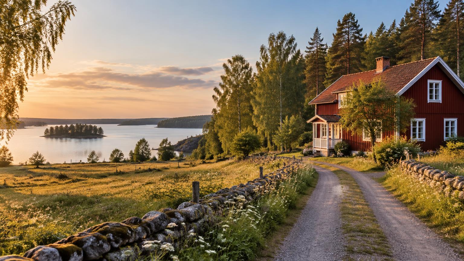 Rotes Schwedenhaus an einem Landweg mit Blick auf den Vänern