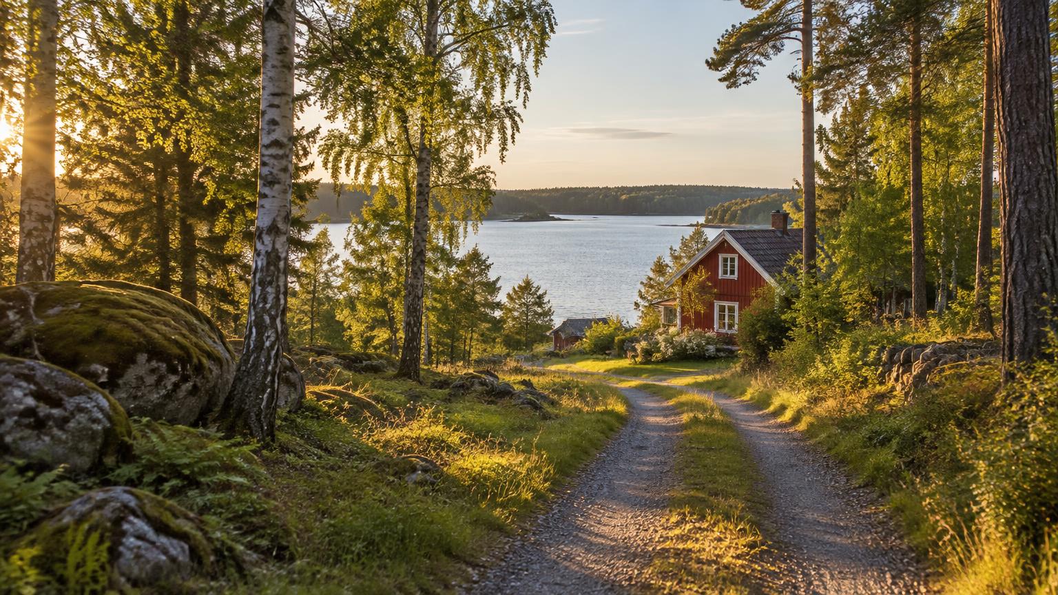Abgelegener Waldweg zu einem roten Schwedenhaus am Vänern