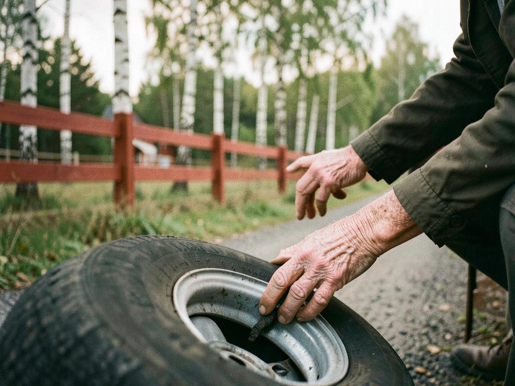 Hände eines Nachbarn beim Wechseln eines Reifens