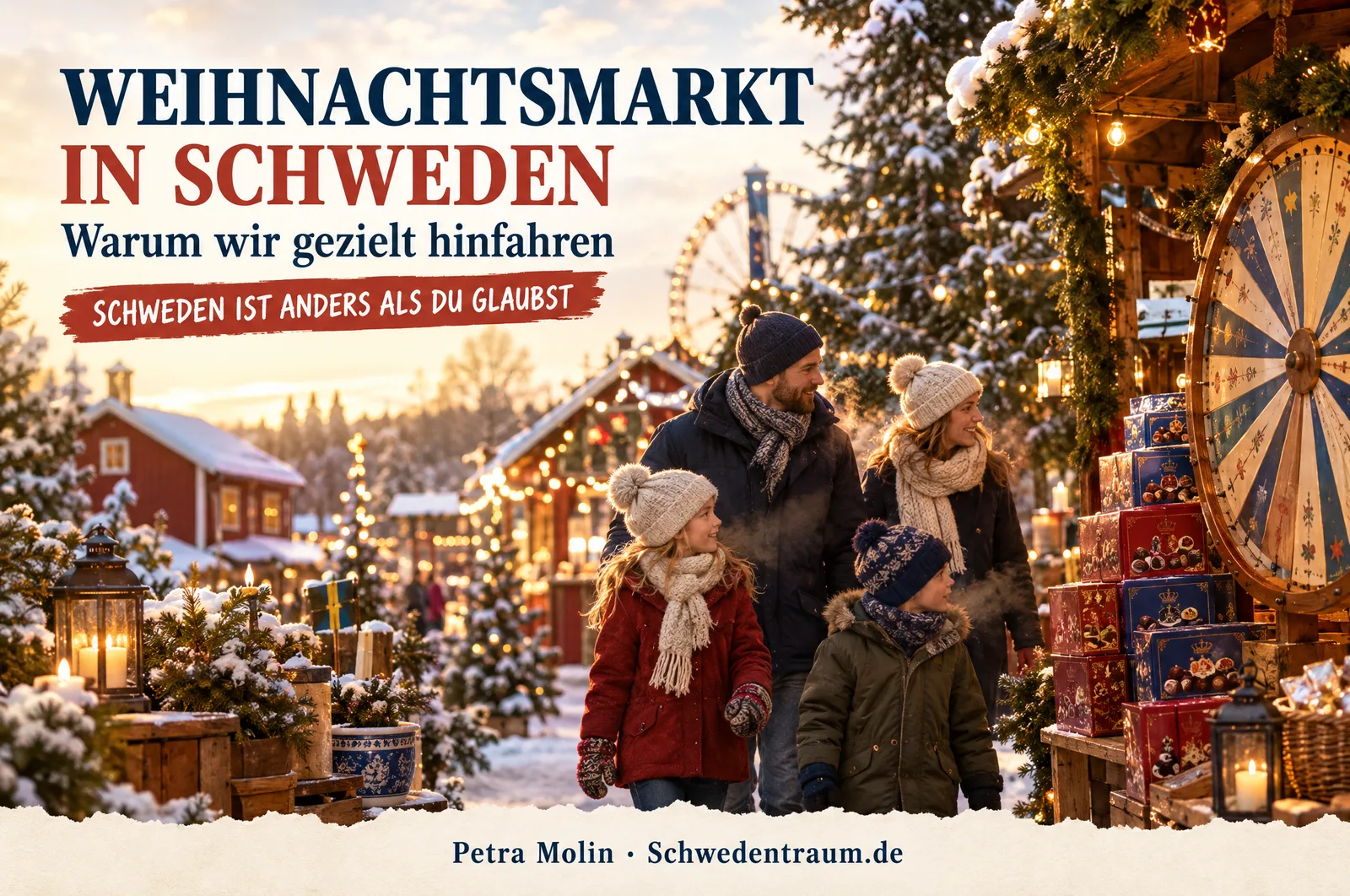 KI-generierte Szene: Freizeitpark im Dezember mit Lichterketten in verschneiten Tannen und einem großen Schokoladenrad am Abend.